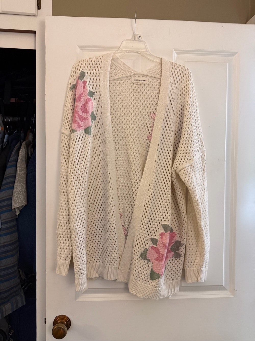 Lucky Brand Cream Open-Knit Cardigan with Pink Rose Accents